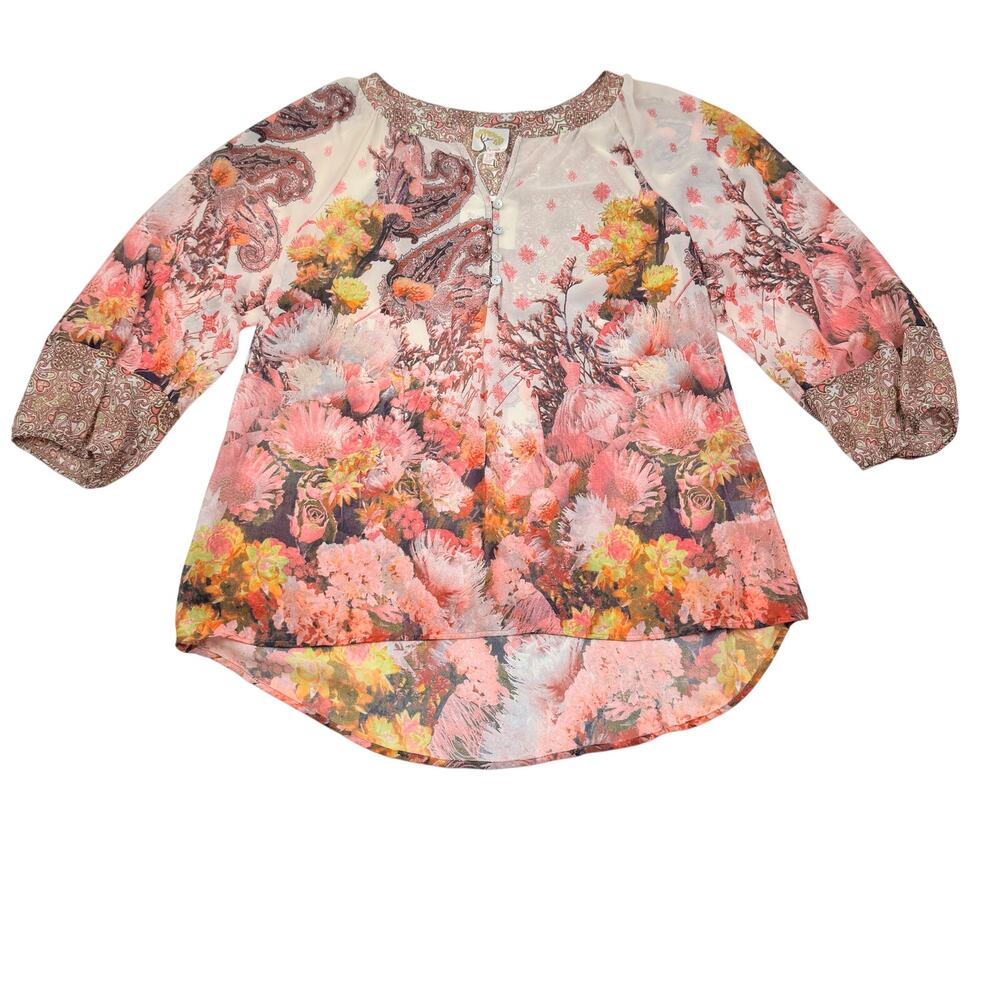 Fig and Flower Semi Sheer Floral Boho Lightweight Peasant Blouse Women's Size XL